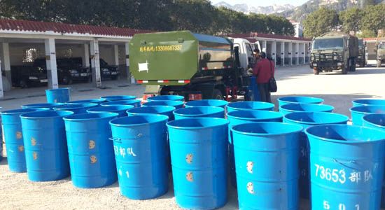 73653部队订购一台福田3方挂桶垃圾车和50个冷扎钢垃圾桶